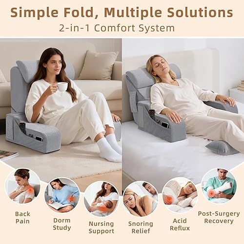 Vista 2 de 5 almohadas de lectura para sentarse en la cama para adultos, almohada plegable 2 en 1 con cuña para dormir, almohada ergonómica de apoyo de espalda