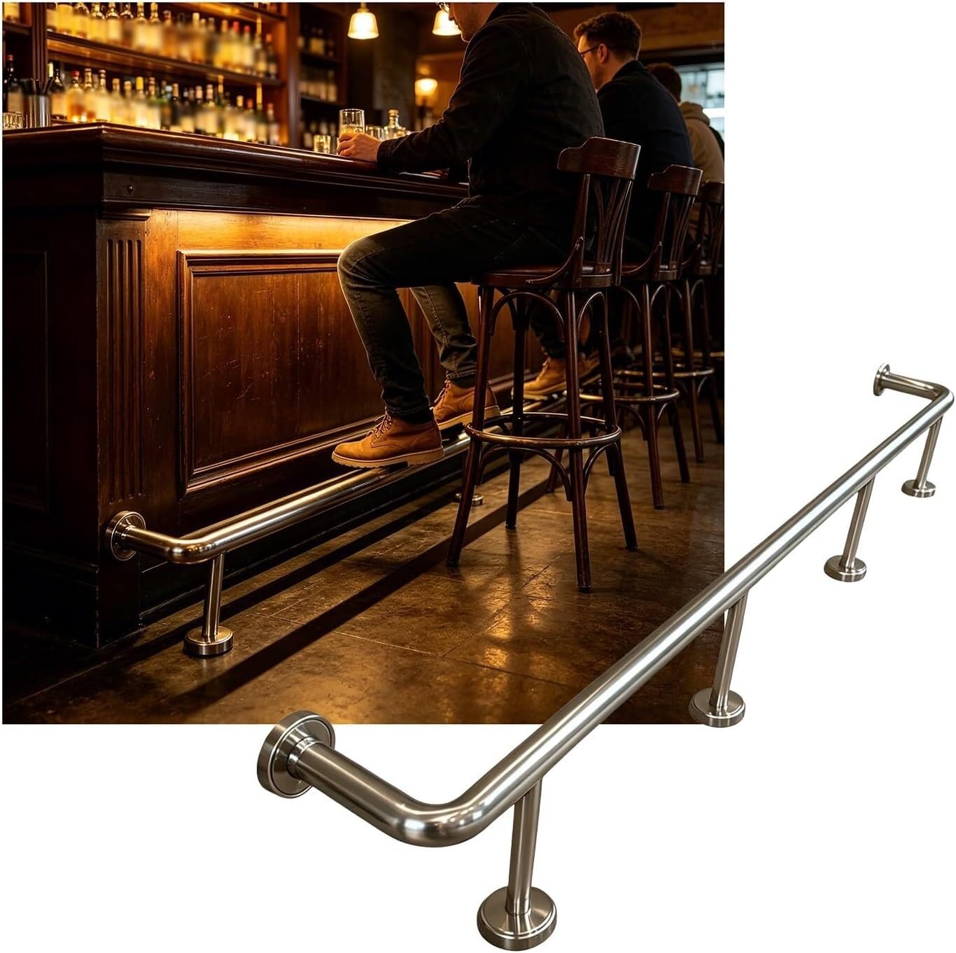 Hgouhk Silver Bar Foot Rail Kit 3.28~16.4Ft Bar Foot Rail Kit，Stainless Steel Brackets For Restaurant Kitchen Library Counter(,3.8M/12.47Ft)