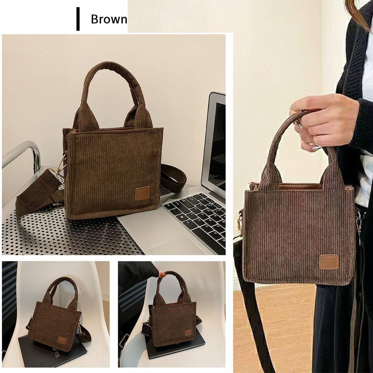 Women's Corduroy Crossbody Bag Cute Small Tote Bag Casual Zipper Handbag, for College, Work, Shopping, Travel, Brown - Image 3