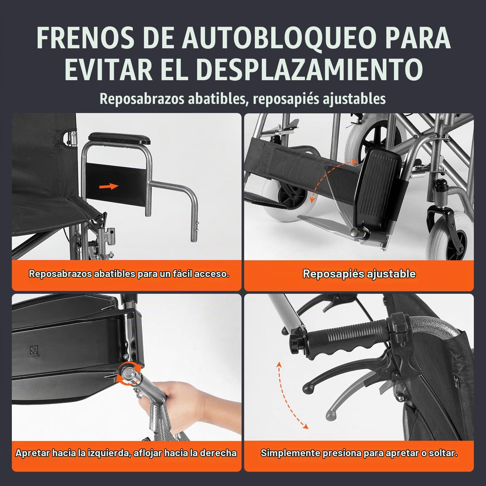 VEVOR Silla de Ruedas de Transporte de Acero al Carbono para Adultos, con Reposabrazos Desmontable, Freno Autoblocante, Capacidad de Peso de 136 kg, para los Discapacitados, 1045 x 770 x 918 mm