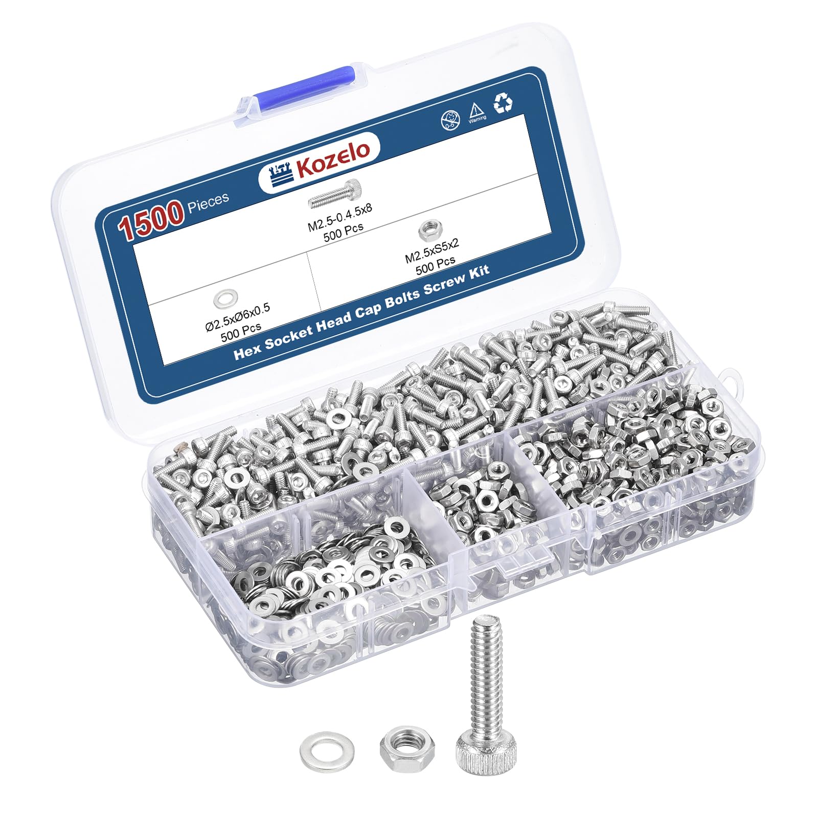 Kozelo 1500pcs M2.5 Socket Head Cap Screws Bolts Nuts Assortment Kit - [M2.5x8mm] 304 Stainless Steel Allen Socket Drive for 3D Printer — image 1