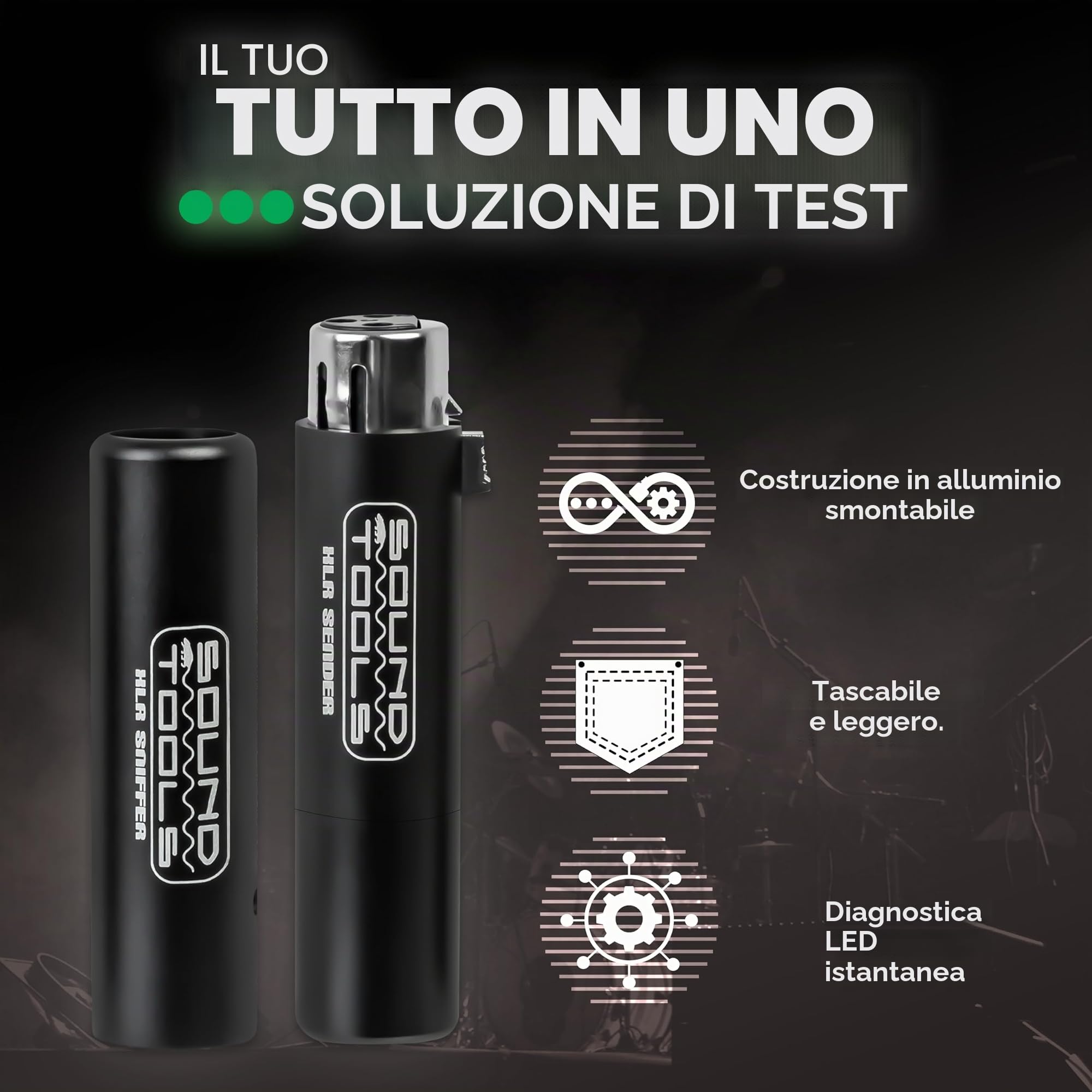 SoundTools XLR Sniffer/Sender - Tester portatile XLR e cavo DMX a 3 pin per tecnici audio, diagnostica rapida con LED, funzionamento singolo, design durevole e compatto per uso palco e studio