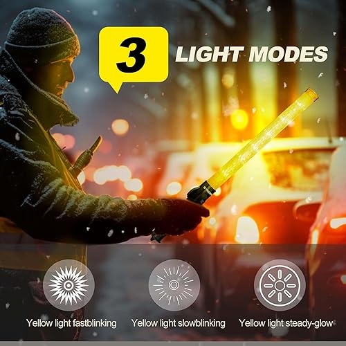 Miniatura 4 de Bastón de seguridad de tráfico de señal amarilla de 21 pulgadas, paquete de 2 varitas de tráfico multifunción con 2 modos intermitentes, con 2