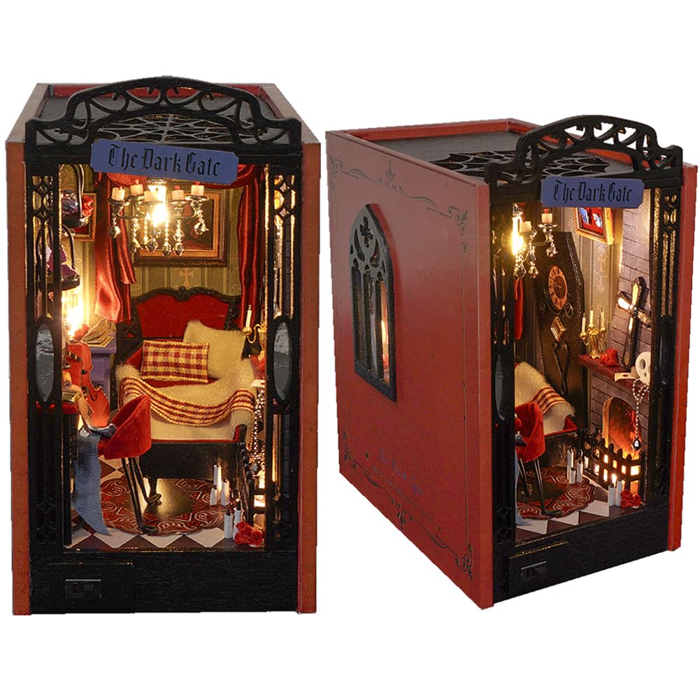 Cjeuxnr DIY Book Nook Kit, Miniature Magic Theme Bookend Bookshelf Model 3D Wooden Puzzle Build House Kit with Furniture and LED Light, Box Creative Dollhouse kit