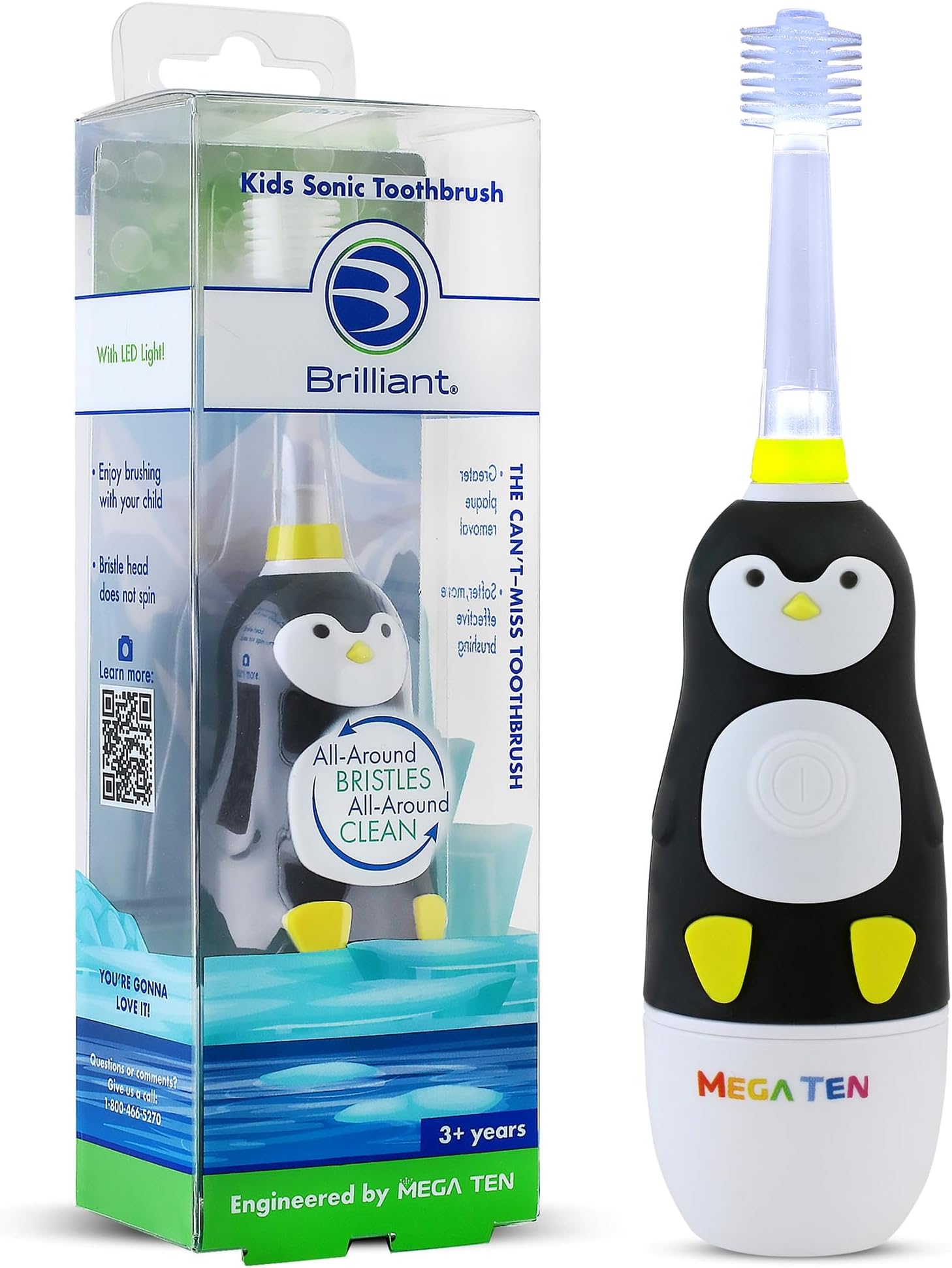 Brilliant Oral Care Kids Sonic Electric Toothbrush with Soft Bristles, Round Brush Head, LED Light, and Timer, for Children Ages 3+, Penguin