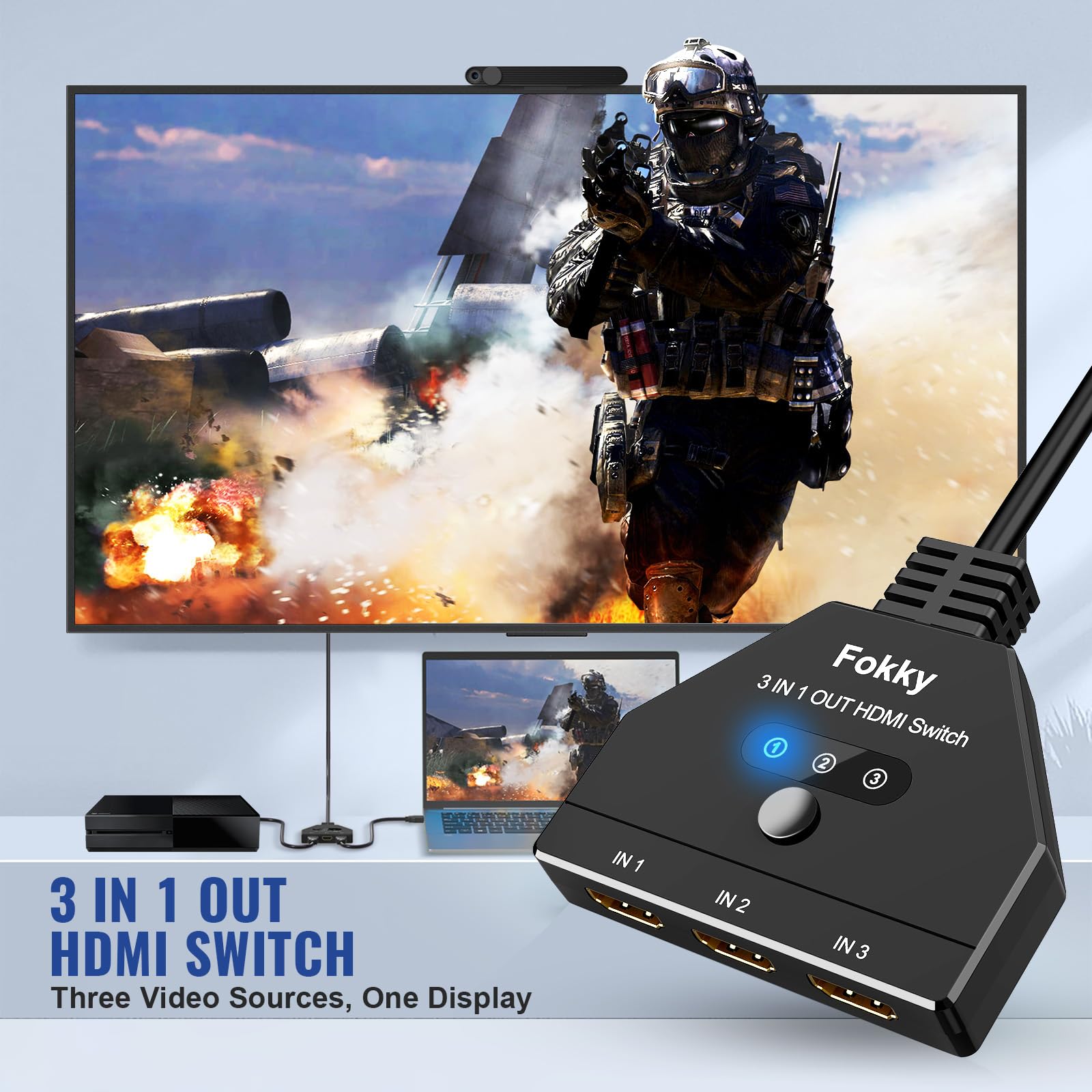 Interruttore HDMI 4K, FOKKY Hdmi Distributore Automatico/Manualmente Placcato Switch 3 in 1 Out 3 porte Supporto splitter 4K/3D/Uhd/Hd/1080P per Xbox Ps4 Ps3 Blu-Ray Firestick HDTV