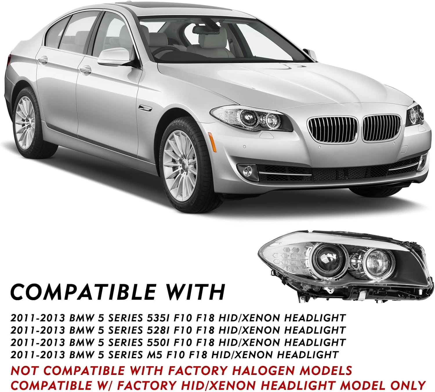 TUSDAR HID/Xenon Adaptive AFS Headlight Assembly Compatible with 2011 2012 2013 BMW 5 Series F10 F18 550i 535i 528i M5, OE Style Projector Factory Headlamp Passenger and Driver Side