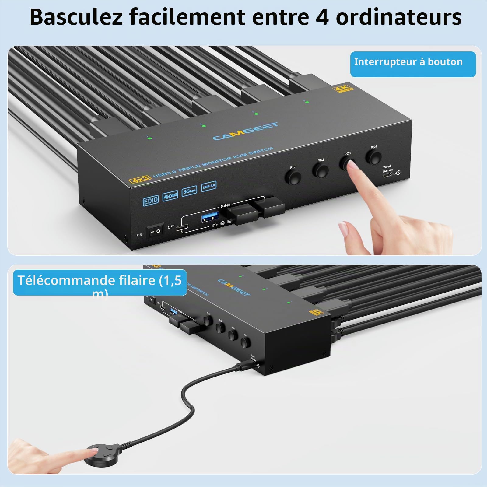 KVM Switch 4 PC 3 Moniteurs 4K@60Hz, Simulation EDID,USB 3.0 HDMI Displayport KVM Switch Triple Monitor pour 4 PC Partager 3 Moniteurs et Souris Clavier,avec Télécommande Ccâblée et 4 Câbles USB