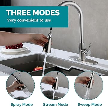 High Arc Kitchen Sink Mixer Tap with Pull Out Spray, 360° Swivel Spout, 3 Spray Modes, Single Lever Brushed Stainless Steel Tap,Kitchen Tap
