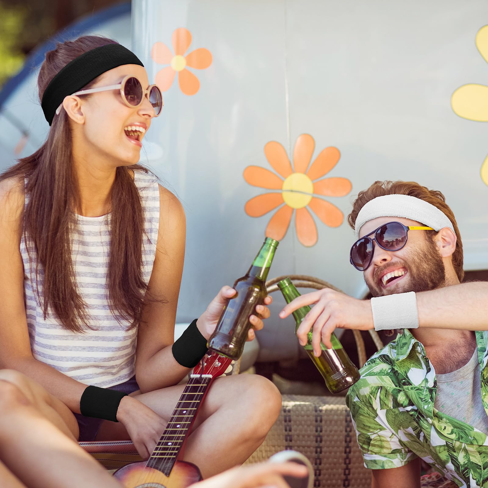 SATINIOR 8 juegos de bandas de sudor de los años 80 y muñequeras deportivas de neón para ejercicio, gimnasio, deportes, para hombres, mujeres y niños, actividades deportivas (negro, blanco)