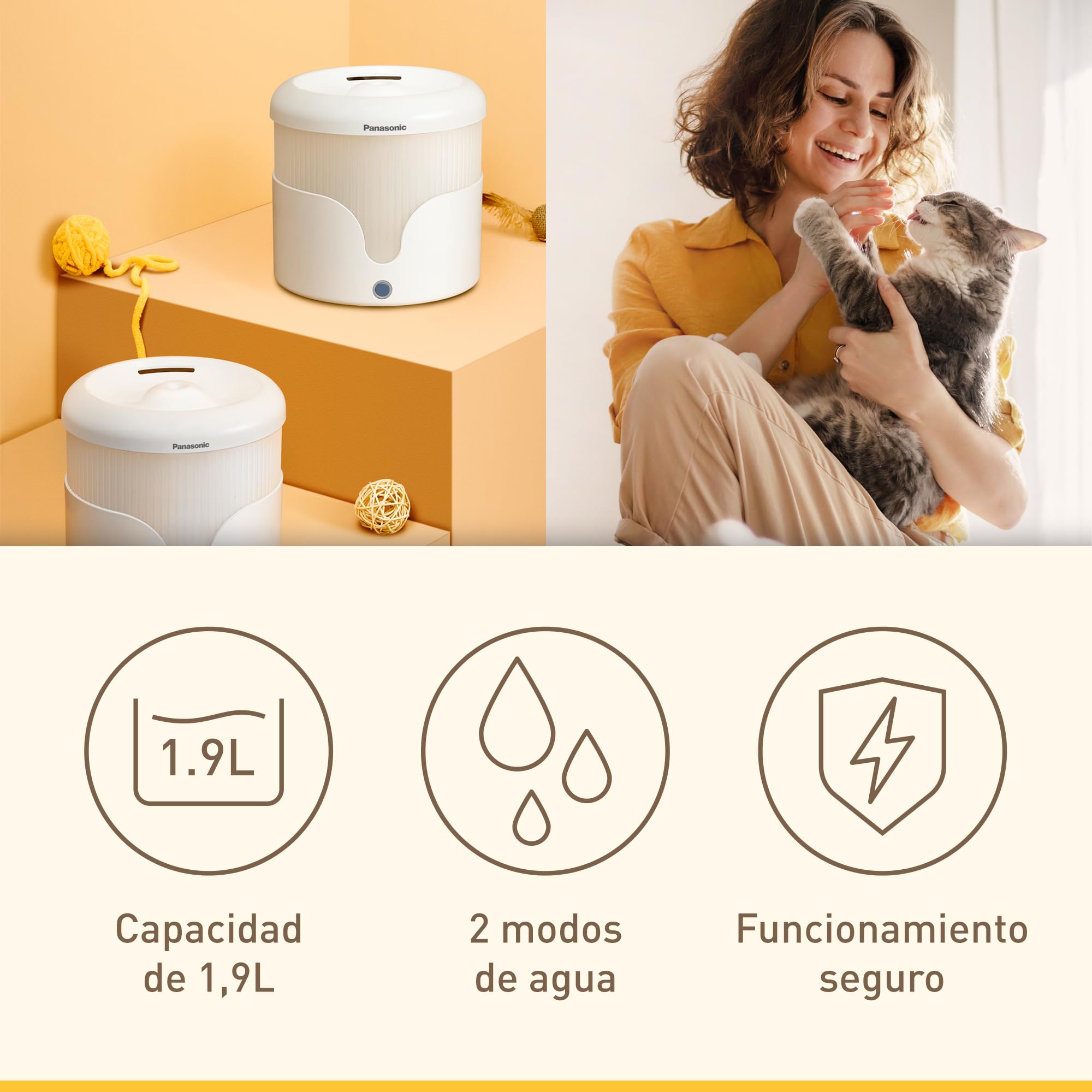 PANASONIC CP-JNW01-W Fuente de Agua para Mascotas, para Gatos y Perros de Tamaño Pequeño y Mediano, Capacidad de 1,9 L, Filtración de 4 Capas, Súper Silenciosa, Dos Modos, Blanco