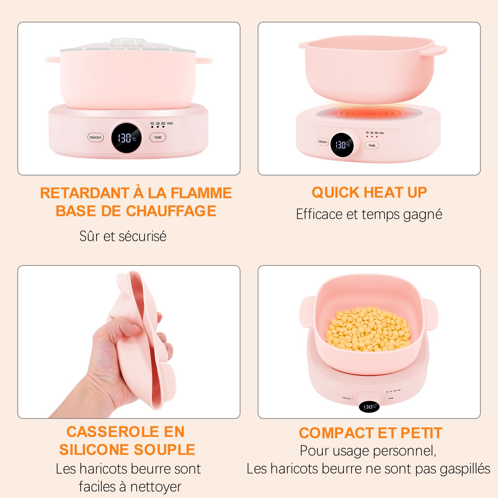 Riscaldatore per cera, depilazione professionale, temperatura regolabile, macchina per cera, depilazione, dispositivo per cera, con temporizzatore, per tutte le perle di cera calda (rosa)