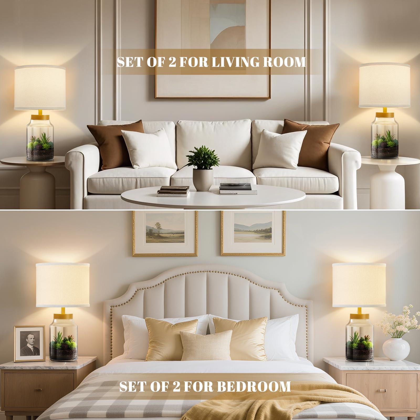 GyroVu Fillable Table Lamp Bedside Lamp Clear Glass Fillable Lamp Night Stand Lamp for Living Room Bedroom Office with Bulb (Gold+White Lampshade)