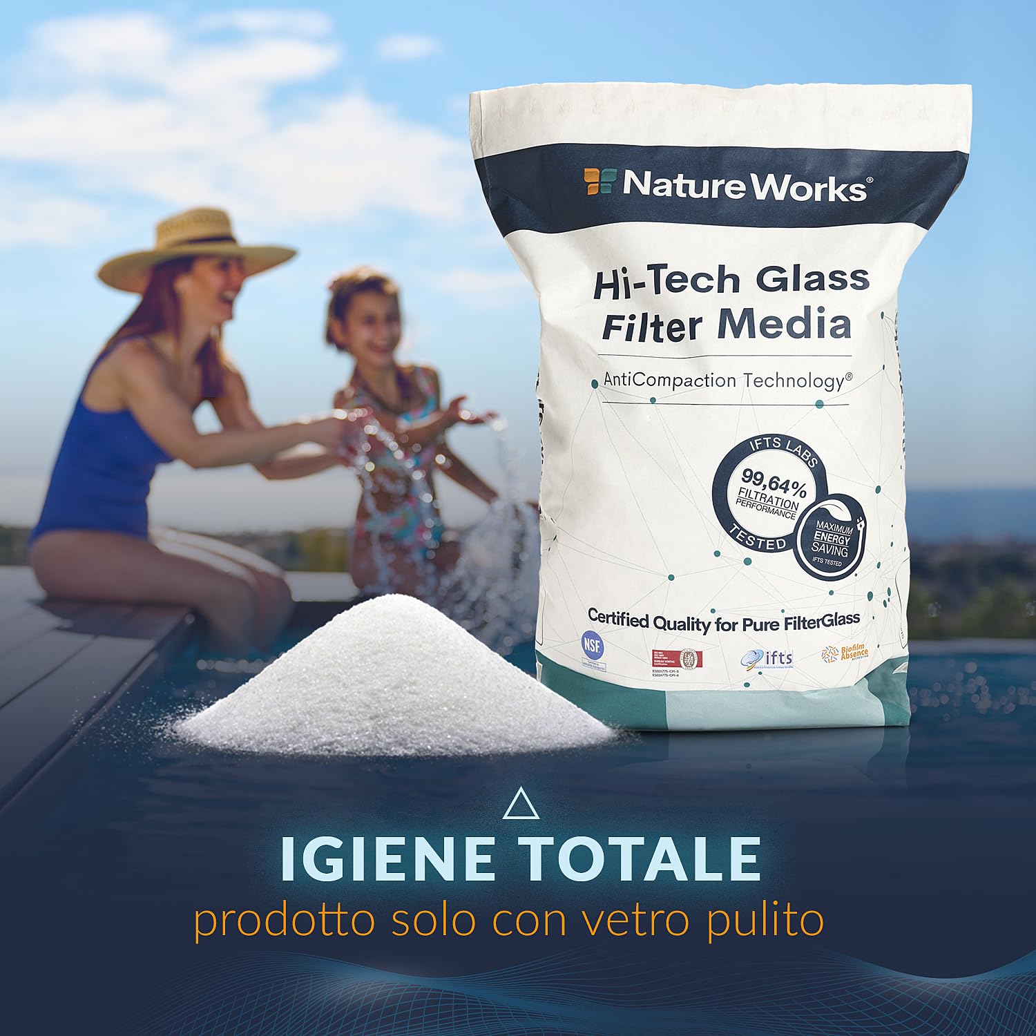 Nature Works Sabbia Filtrante di Vetro per Piscina con Un Potere di Filtrazione del 99,64%, Prodotto con Vetro Tecnico Vergine per la Massima Igiene - Sacchetto da 20 kg