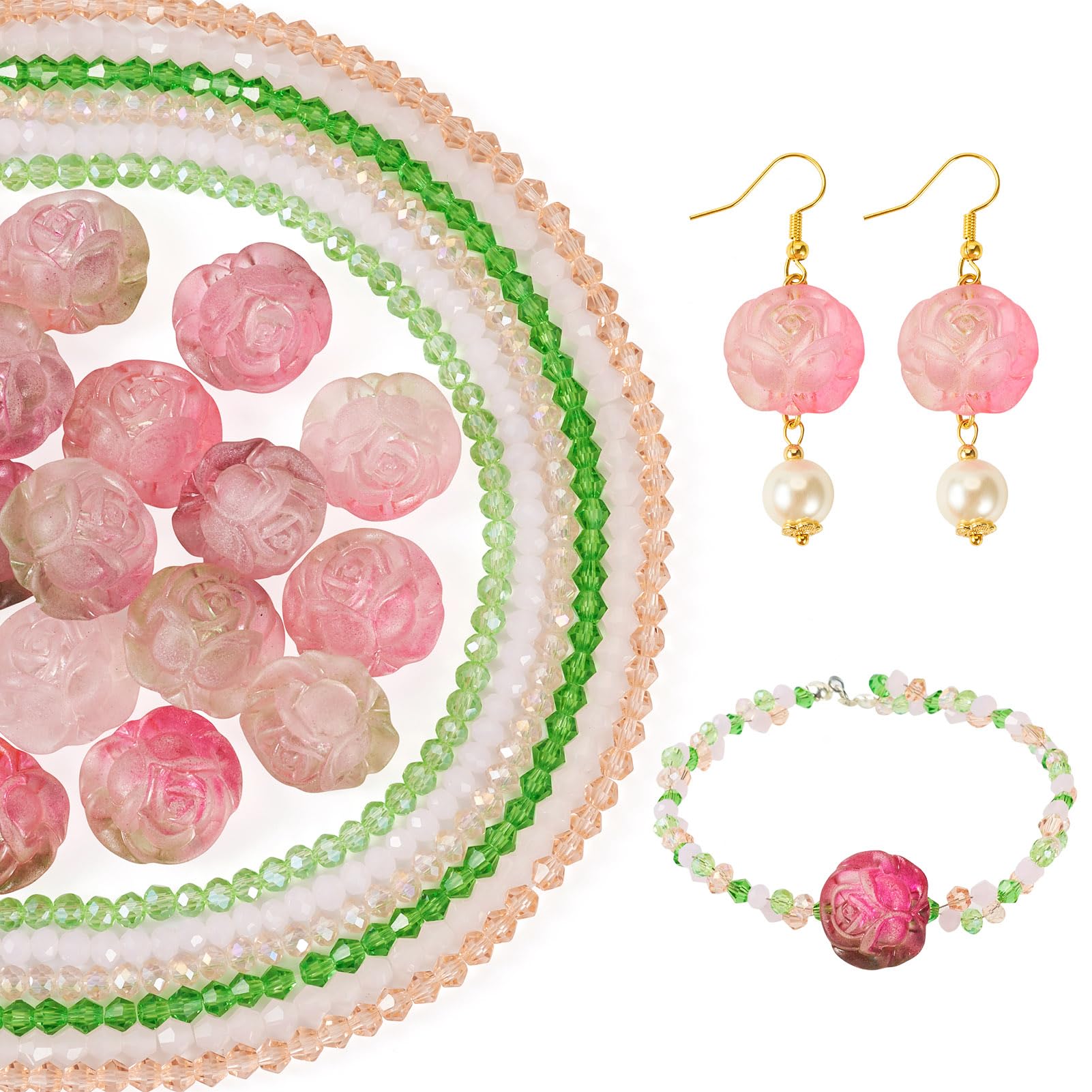 Crafans Rose Flower Glass & Acrylic Beads Jewelry Making Finding Kit Rose Flower Spacer Beads Rondelle Bicone Beads Bulk for DIY Bracelet Jewelry Making, Pink — image 1