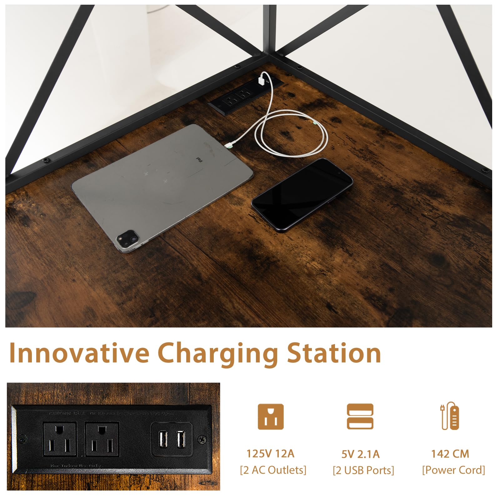 LIFEZEAL Scrivania triangolare, tavolo per computer con ripiani e vassoio per tastiera, scrivania angolare con presa e porta di ricarica USB per ufficio e studio (marrone)
