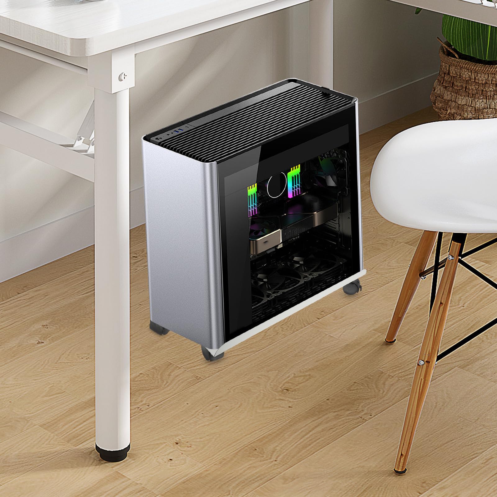 Abaodam Soporte para Computadora Central, Soporte para Computadora Ruedas, Acero al Carbono, Blanco, Frenos Integrados, para Torre de Ordenador, Escritorio y Hogar