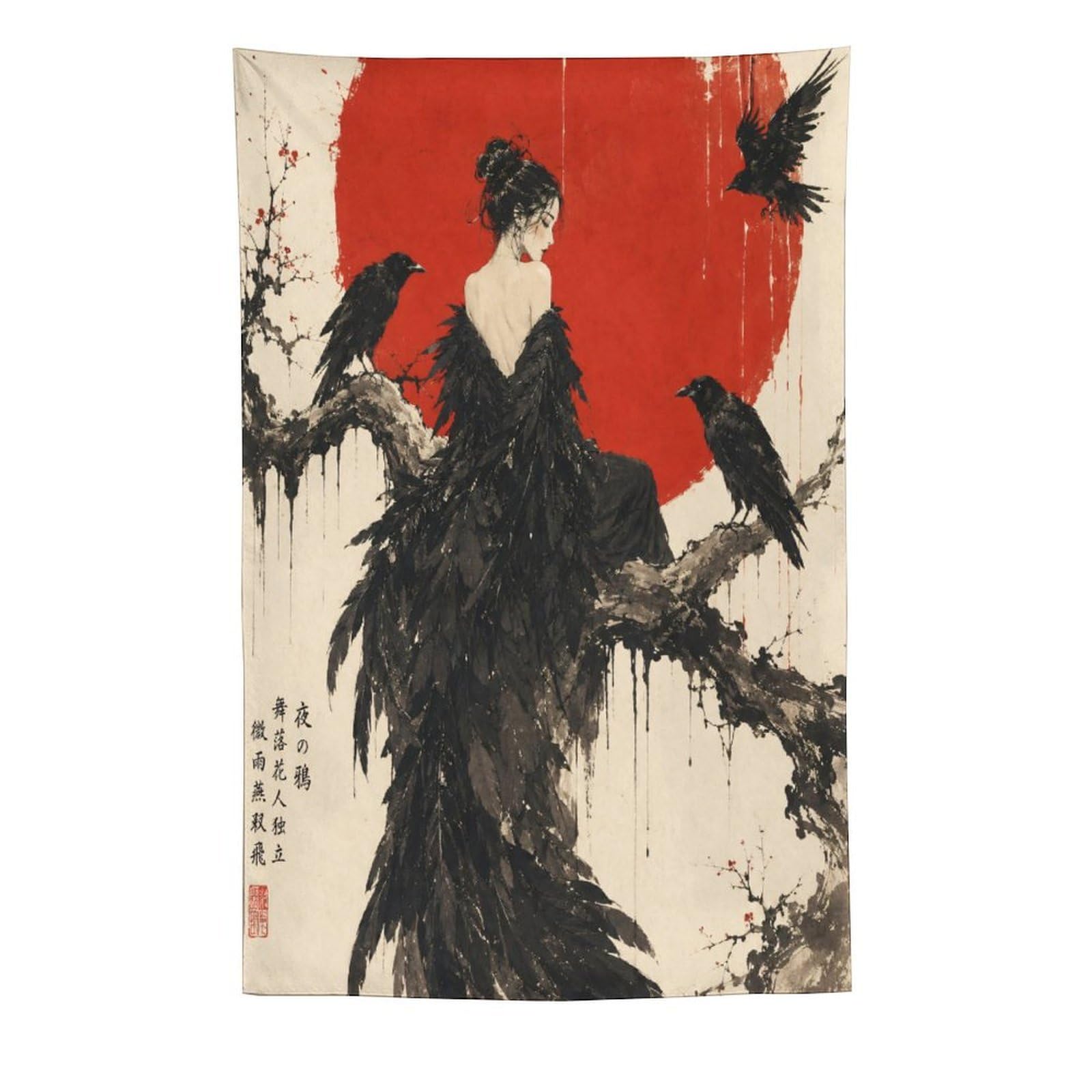 W7C8U2X3 Raven Woman with Black Feathers Wall Tapestry, Backdrop