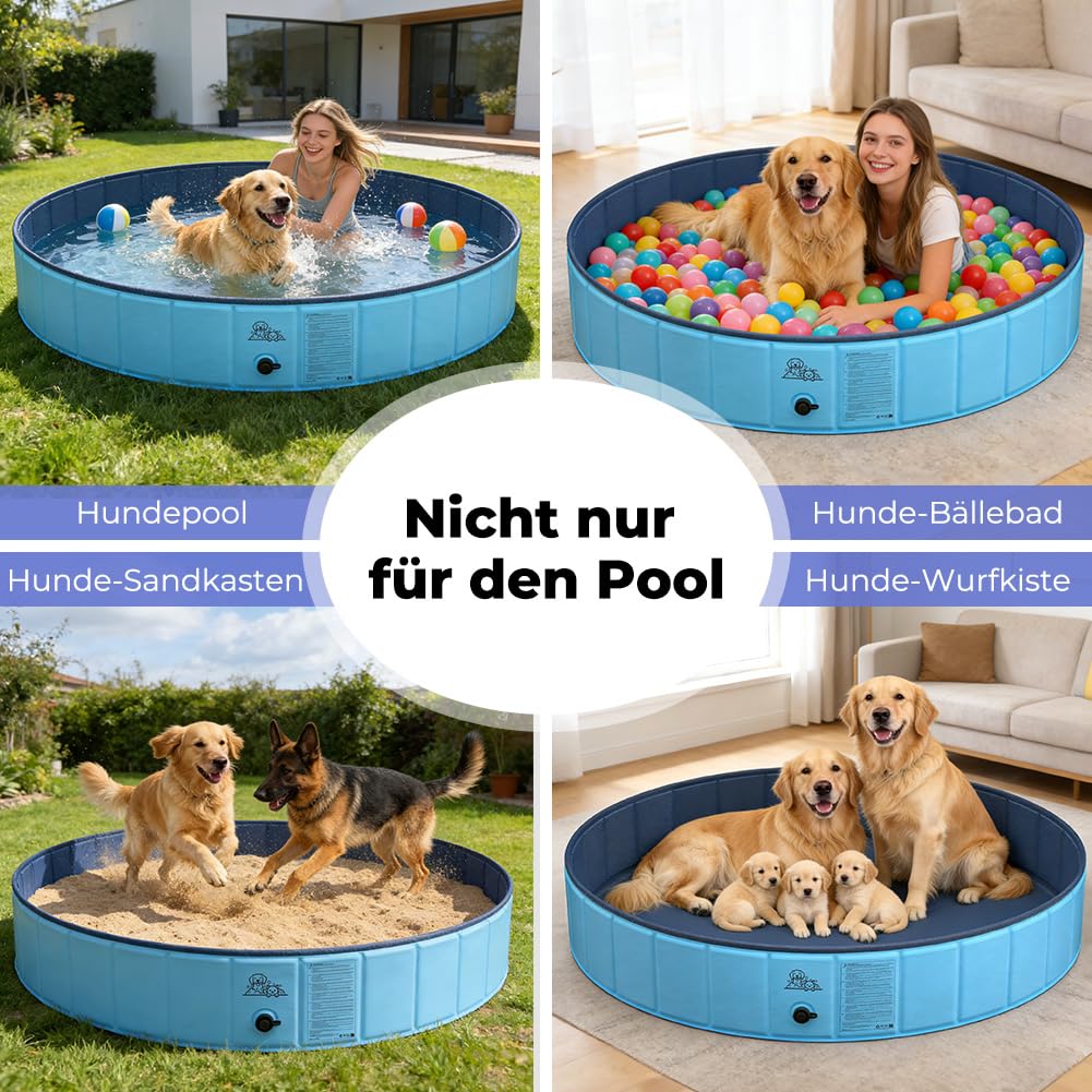KYG Hundepool große Hunde 160x30cm – faltbar, stabil, rutschfest, einfache Entleerung, mit Ablassventil & 4 Flicken – Hunde Planschbecken für alle Hundegrößen, für den Außenbereich
