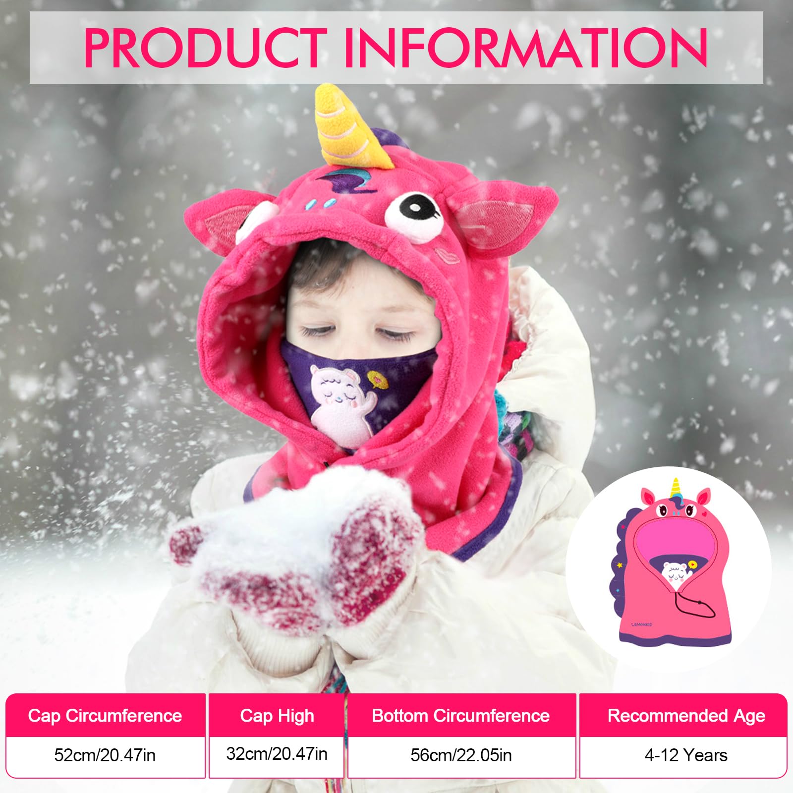 Cagoule d'hiver Thermique pour Enfants 2-12 Ans, Multifonction Coupe-Vent Réglable Masque de Ski, Bonnet en Polaire Chaude, Casquette Cache-Cou Tour de Cou écharpe pour Garçons Filles Plein Air