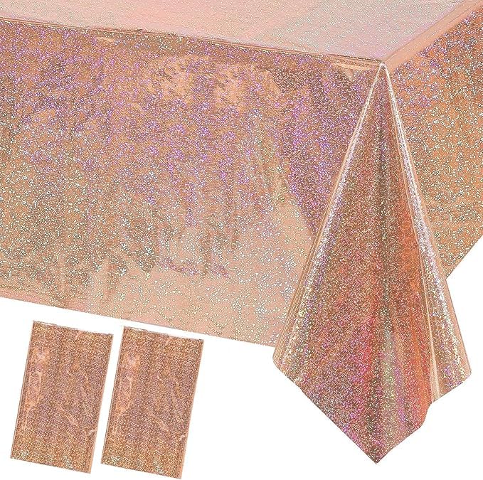 MORAINJAY 2 Stück Laser Holografisch Tischdecke Roségold Rechteckige Wasserdicht Glitzer Tischtuch, 137x274cm Folie Plastik Tischdecken für Party Geburtstag Hochzeit Dekoration Metallische Tischfolie