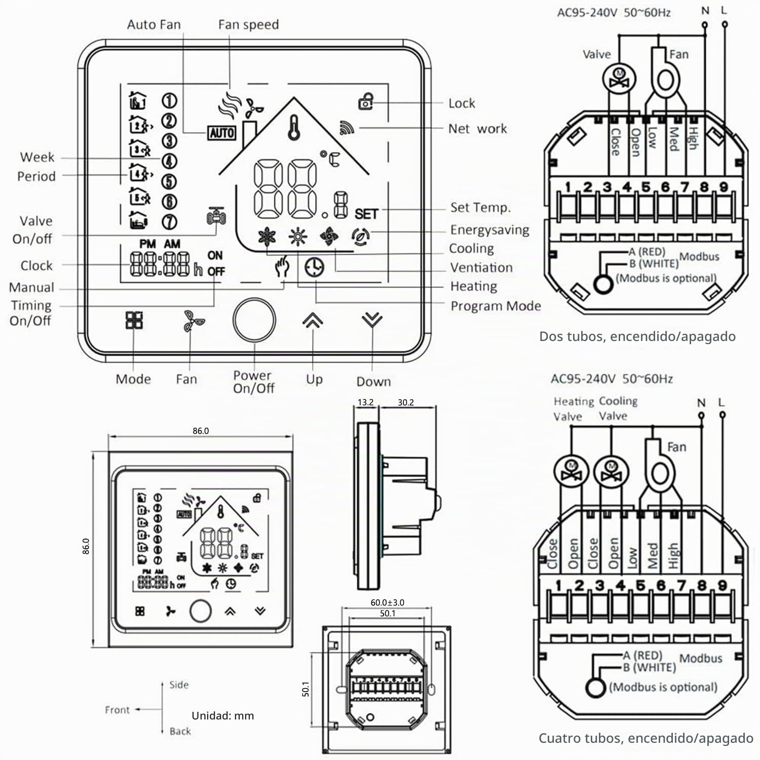 Series 002 Termostato Inteligente Wi-Fi Pantalla Táctil Termostato de Sala Cuatro Tubos para Aire Acondicionado Fan Coil con Conexión WiFi para Soporte Voz Inteligente (Cuatro Tubos, Negro)