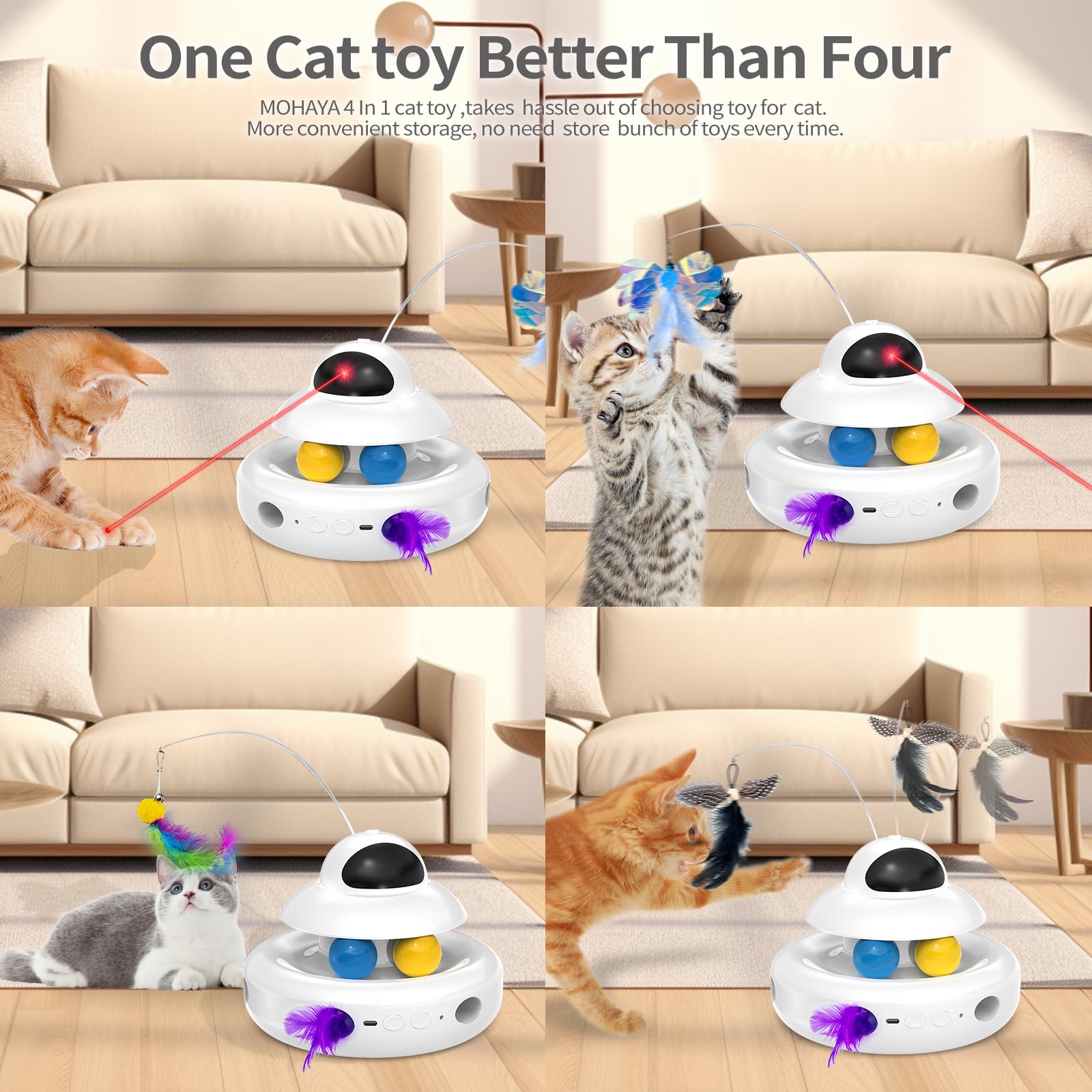 MOHAYA Cat Toy,Interactive 4-in-1 Automatic Cat Toys for Indoor Cats,Electronic Whack a Mole, Fluttering Butterfly,Track Balls Kitten Toy,Feather Toys for All Breeds