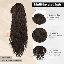 Flufymooz Ponytail Extension, 26 Inch Drawstring Ponytail Hair Extensions for Women Long Curly Wavy Pony Tail Natural Wavy Synthetic Hairpiece for Women, Daily Use Party (Dark Chocolate Brown)