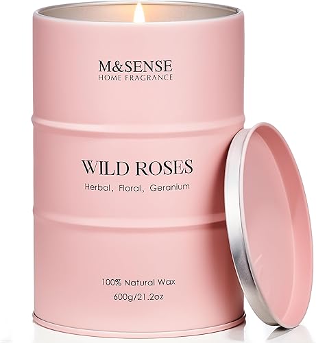 M&SENSE Wild Rose - Vela perfumada natural grande de 120 horas de larga duración, velas de soja de 21.2 onzas, velas de aromaterapia de lujo para