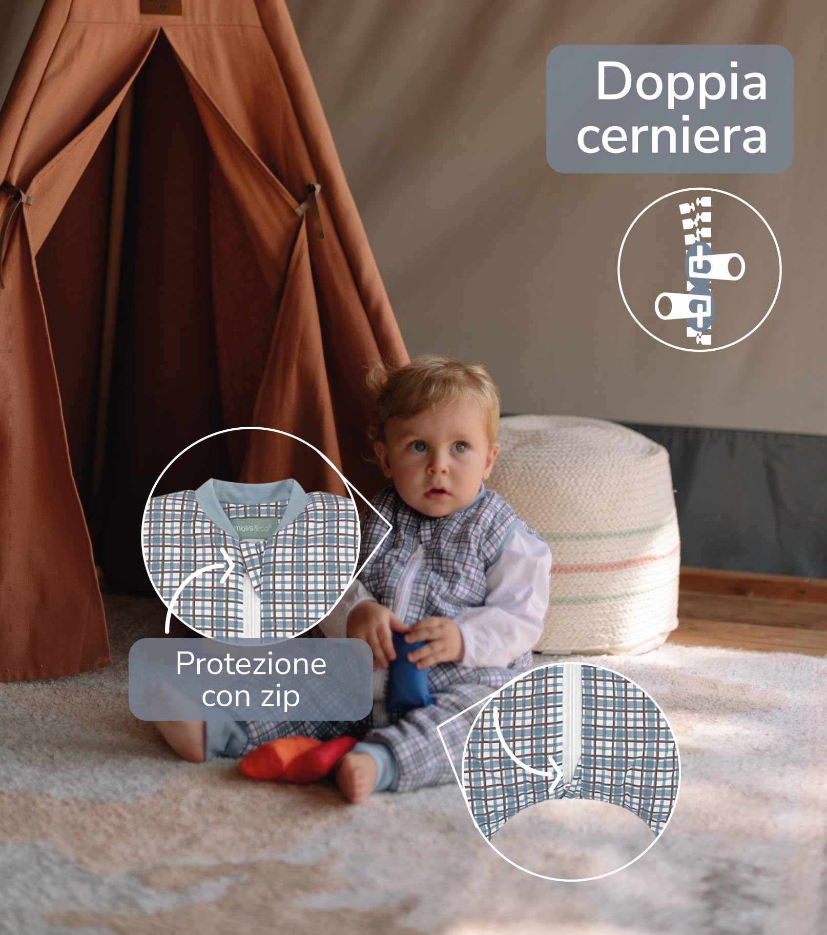 molis&co - Sacco Nanna con piedini - Sacco nanna invernale per Bambini - Sacchi Nanna 2.5 tog con piedini - 100% Cotone (Oeko-TEX 100) - Merlot Check (1 anni)