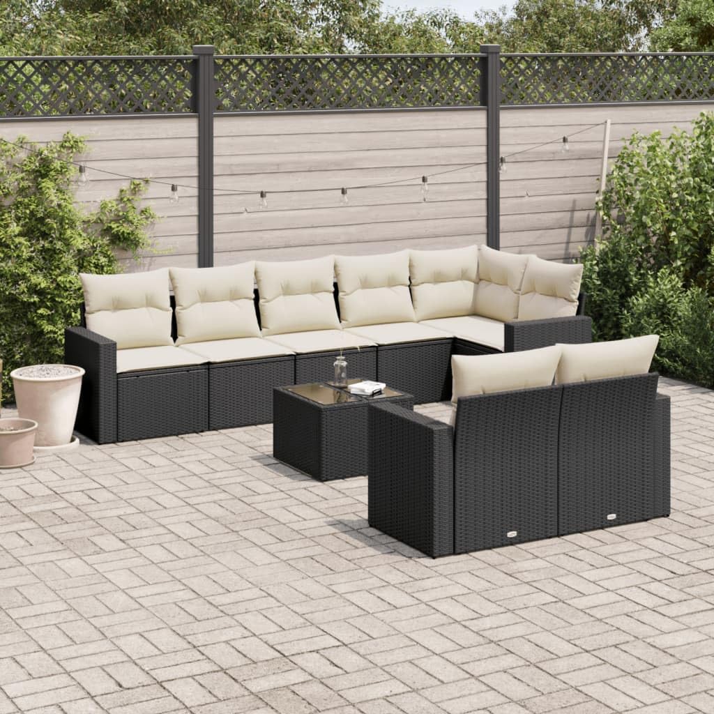 Juego de 9 sofás de jardín con cojines de polirratán de polietileno trenzado, diseño modular con espacio de almacenamiento y fundas extraíbles, cómodo conjunto de muebles con tablero de