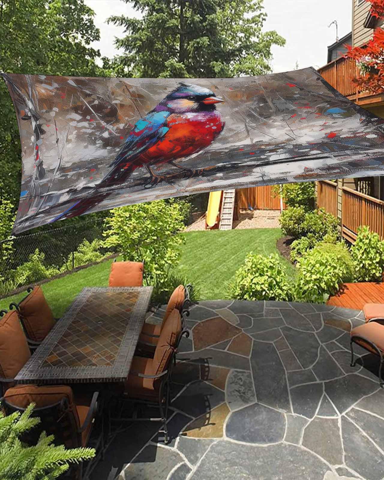 Boanket Sun Shade Sail 8' x 10', Christmas Rectangular Waterproof Outdoor Sun Shades, Blue Red Bird Xmas Modern Oil Painting Shade Cloth for Patio Deck Terrace Garden Lawns Beach Backyard