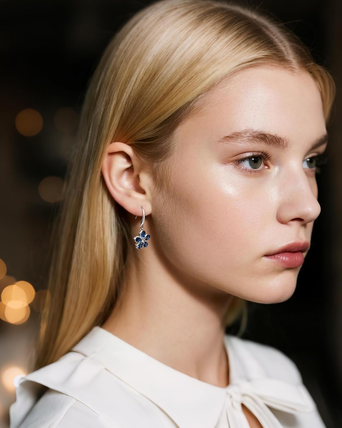 925 Sterling Silver Blue Sapphire Flower Earrings for Women, Hypoallergenic Birthstone Drop Dangle Jewelry Blue Floral Earrings for Women Gifts - Image 2