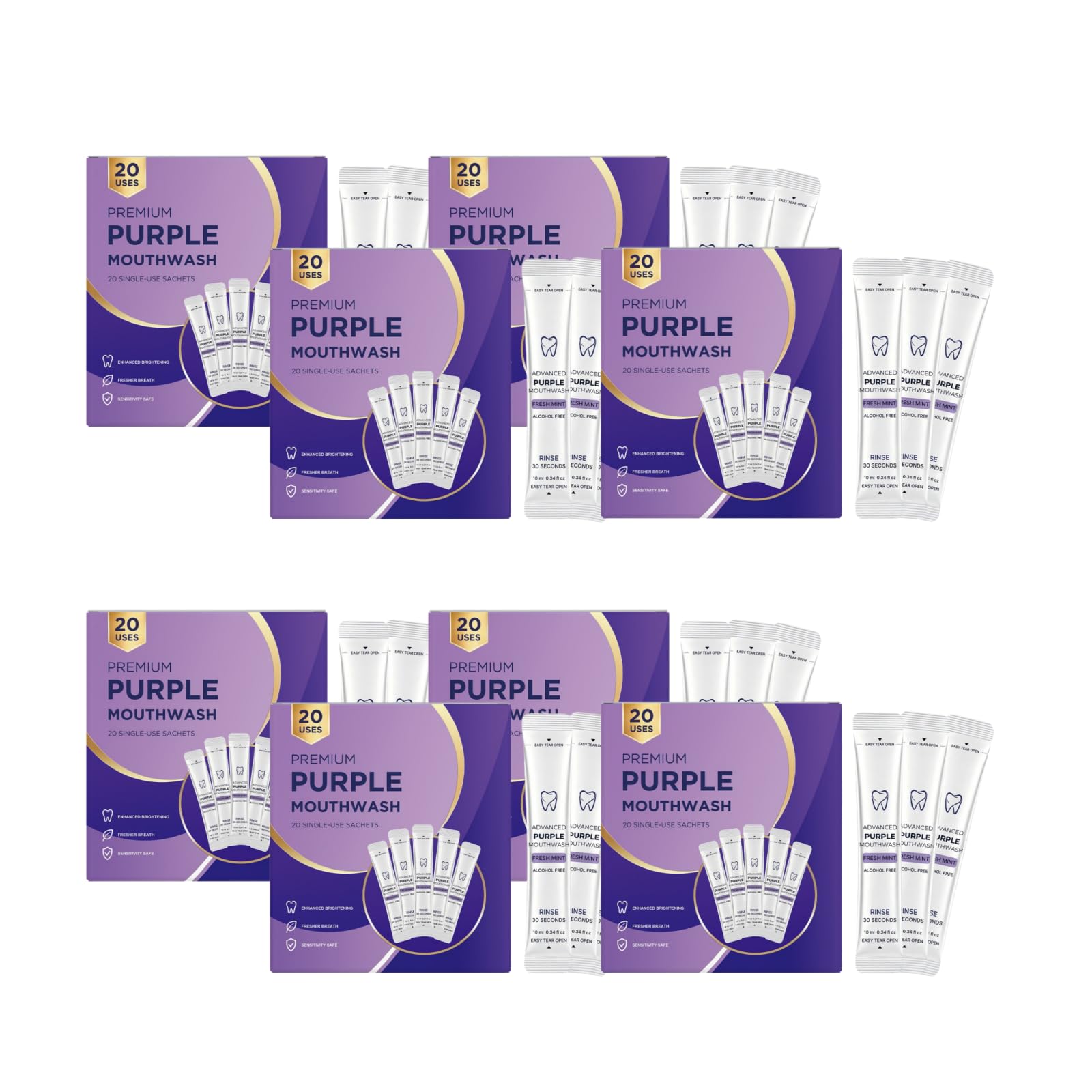 Purple Whitening Mouthwash Strips, Portable Travel Oral Care Pack of 20 | Alcohol Free Fresh Mint Travel Single Use Rinse, Single Use Purple Whitening Mouthwash Bustine, 30 Second Clean