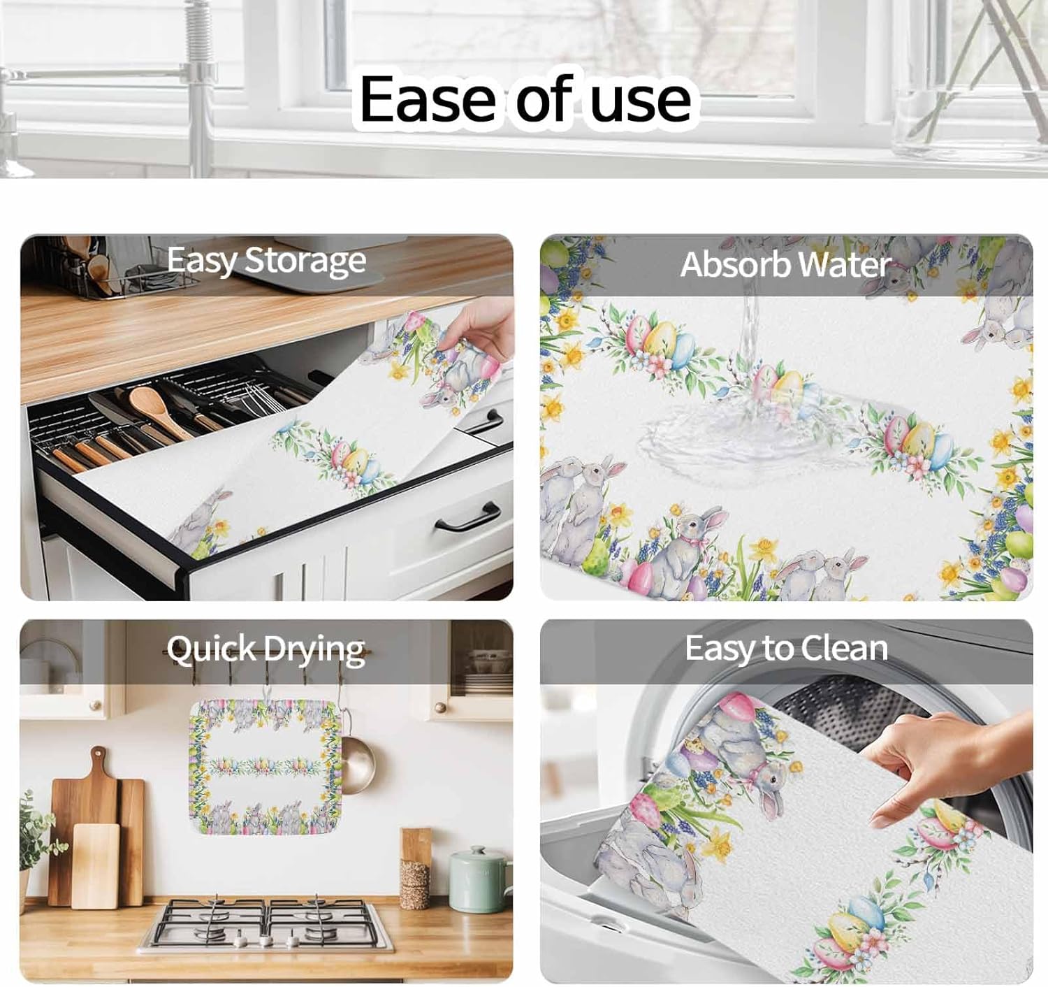 Easter Eggs Rabbit and Flowers Dish Drying Mats for Kitchen Counter,Absorbent Microfiber Dish Drainer Rack Mat Spring Blossoning Florals on White Drying Pad for Sinks,Utensils,Countertops,18x24in