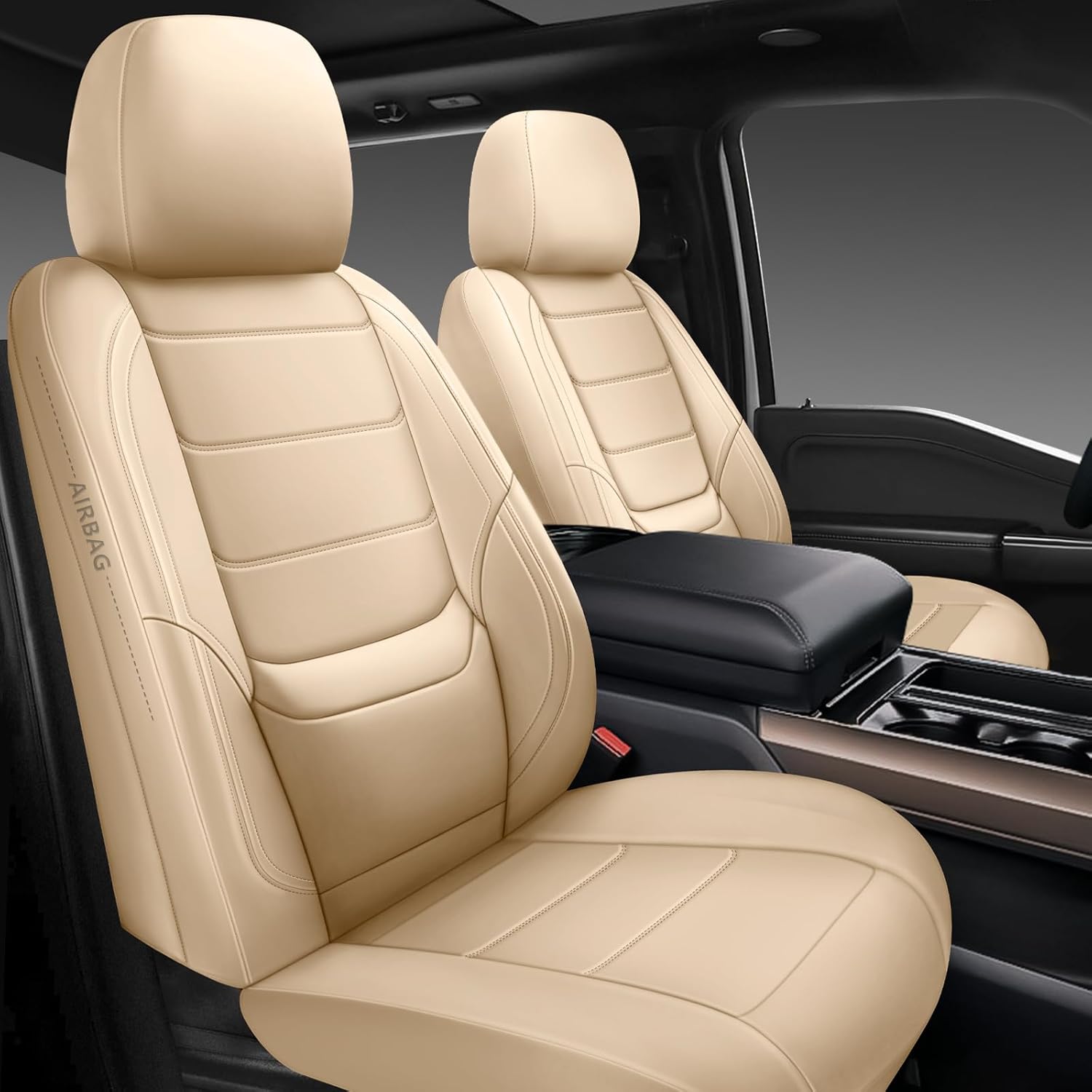 BABYBLU Leather Car Seat Covers,Universal 2 Pcs Front Seat Covers for Cars,Waterproof Automotive Seat Covers for Most Vehicles SUV Pick-up Truck (Beige, Full Set) Beige Full set