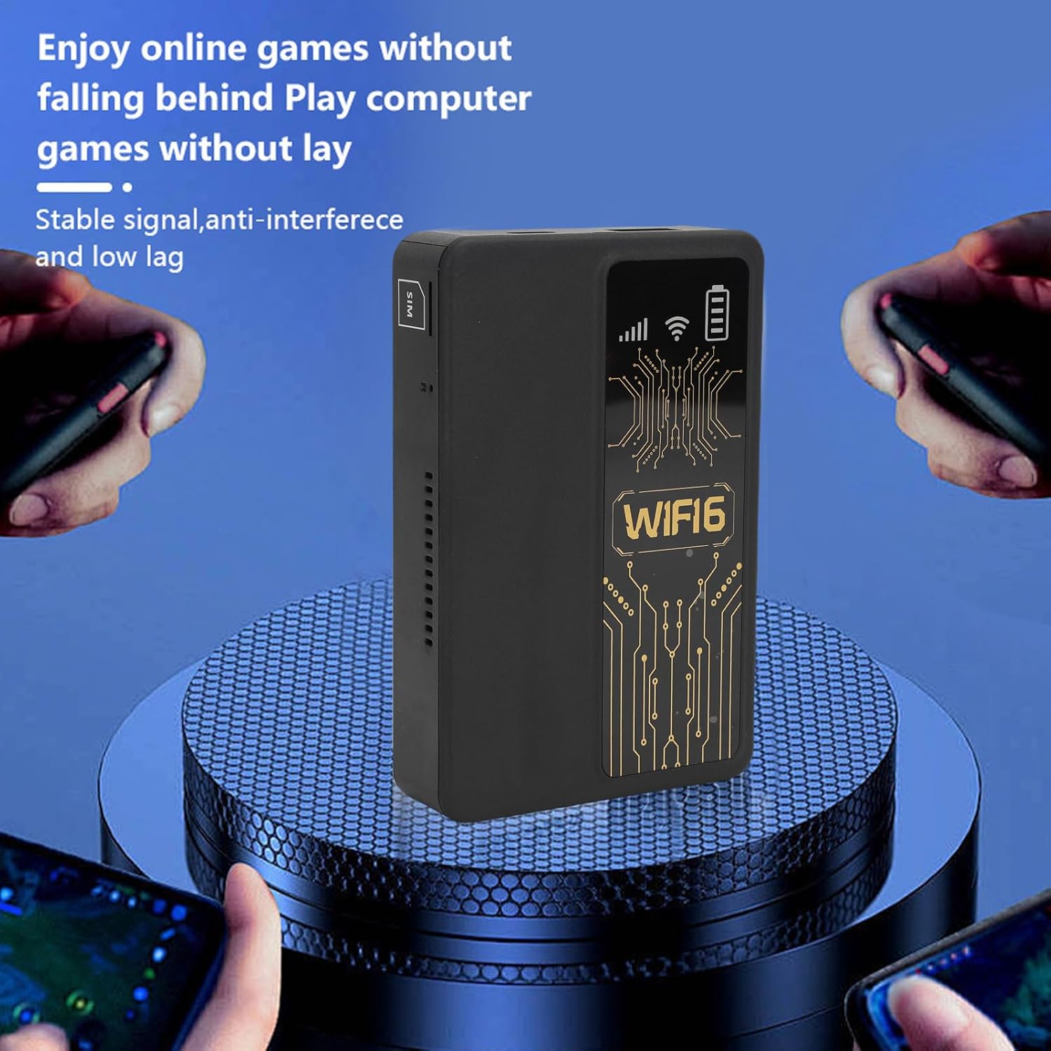 Router connected to a smartphone displaying network statistics