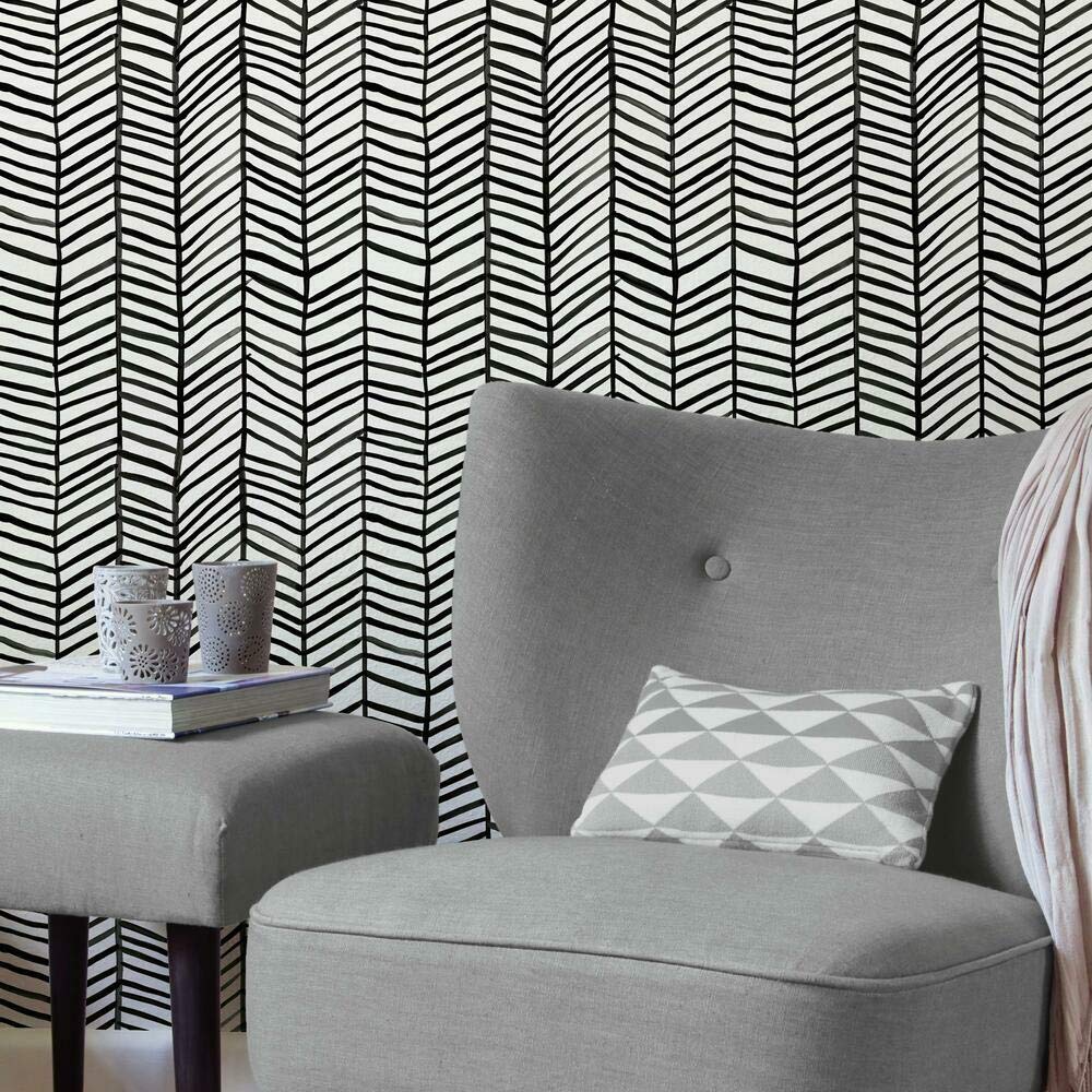 RoomMates RMK11633WP Cat Coquillette Herringbone Black and White Peel and Stick Wallpaper, Black/White, 52.1 x 502.9 cm