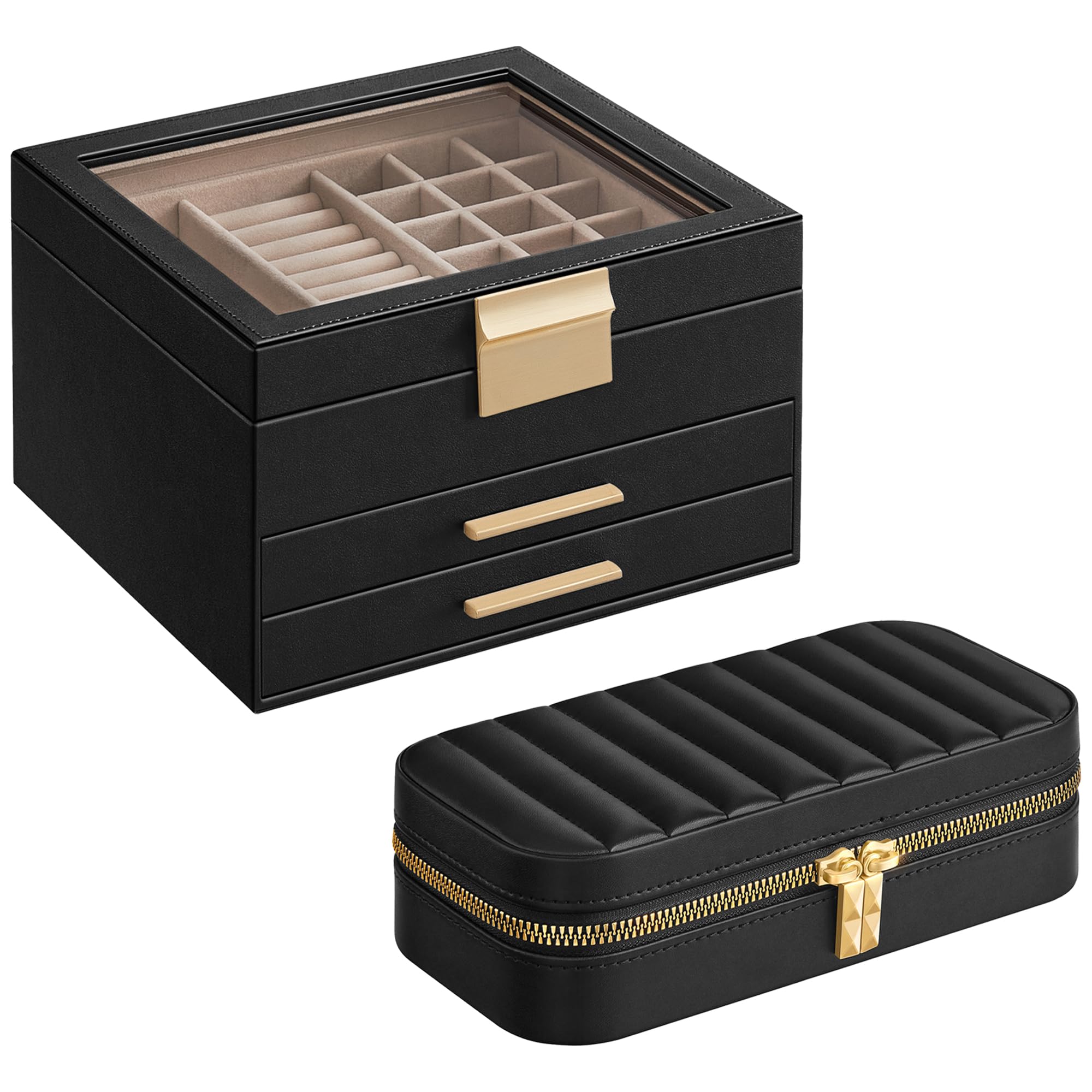 SONGMICS 3-Tier Jewelry Organizer with Glass Lid and Rectangular Travel Jewelry Box Bundle, with Drawers, Mirror, PU, Modern, Gift Idea, Graphite Black and Ink Black UJBC239B03 and UJBC180B0