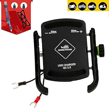 Grandpitstop Adjustable Mobile Holder- with Charger-Jaw Grip-Aluminium for Bike/Motorcycle/Scooter Handlebars (Black)