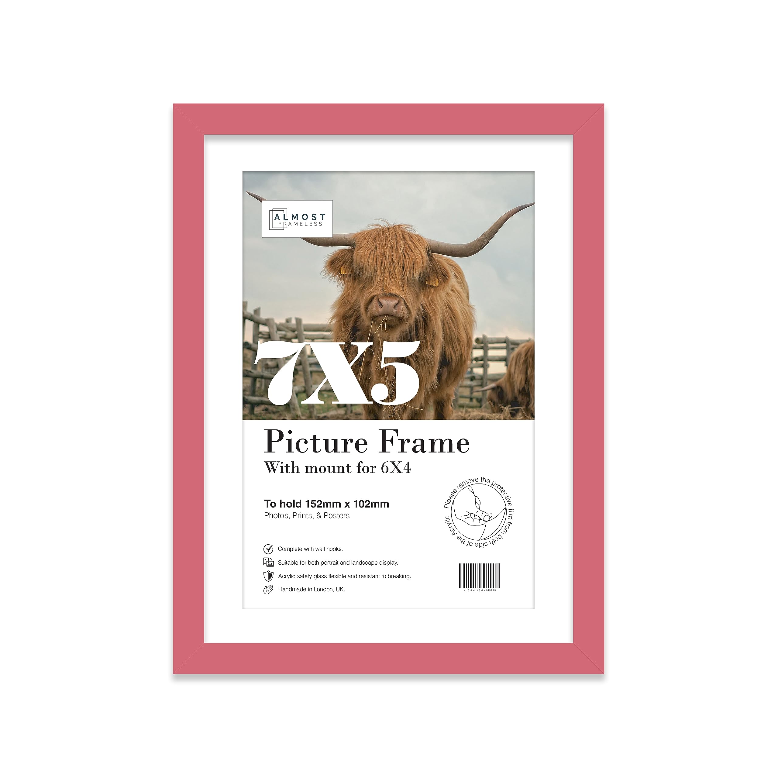 Almost Frameless 7x5 Pink Picture Frame With Mount for 6x4 Print, Poster or Photo Poster, Photo, Artwork, or Print. Thin Edge Slim Frame Portrait and Landscape Display with Wall Hooks