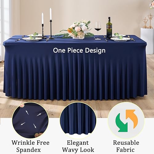 Miniatura 4 de Htper Mantel de elastano azul marino para mesas rectangulares de 8 pies, mantel elástico de 8 pies sin arrugas con falda para fiestas, bodas,