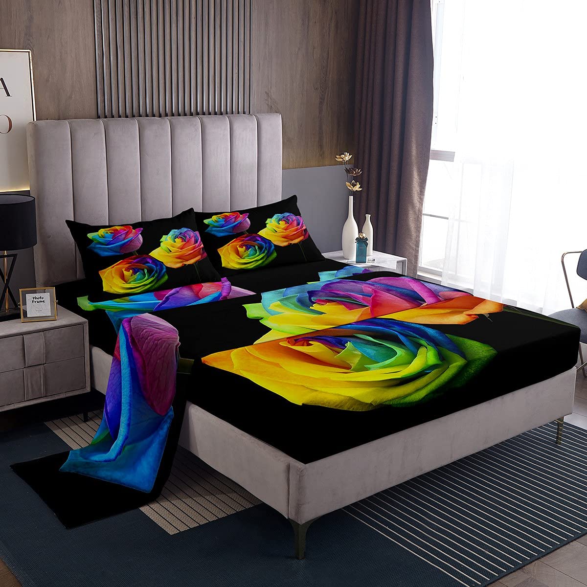 Parure de lit 4 pièces fleurs pour lit double avec housse de couette