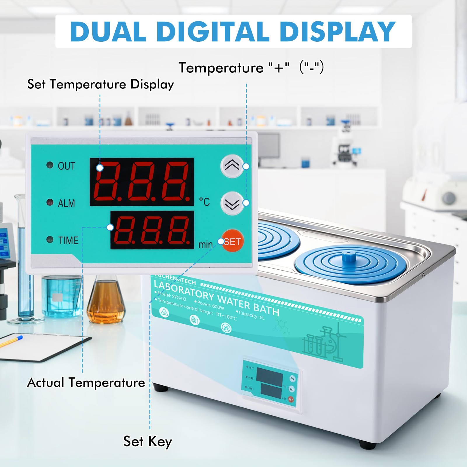 YUCHENGTECH 6L Digitales Labor Wasserbad 600W Thermostatisches Labor Wasserbad 0-999min für Laboranwendungen Lebensmittelerwärmung Chemisch-biologische Experimente