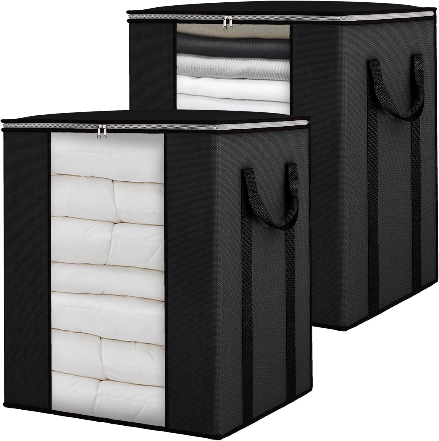 Fixwal Blanket Storage Bags with Zipper Large Storage Bins with Lids 120L 2 Pack Comforter Storage Bags with Reinforced Handles Clothes Storage Containers for King Comforter Bedding Pillow Sheet Black