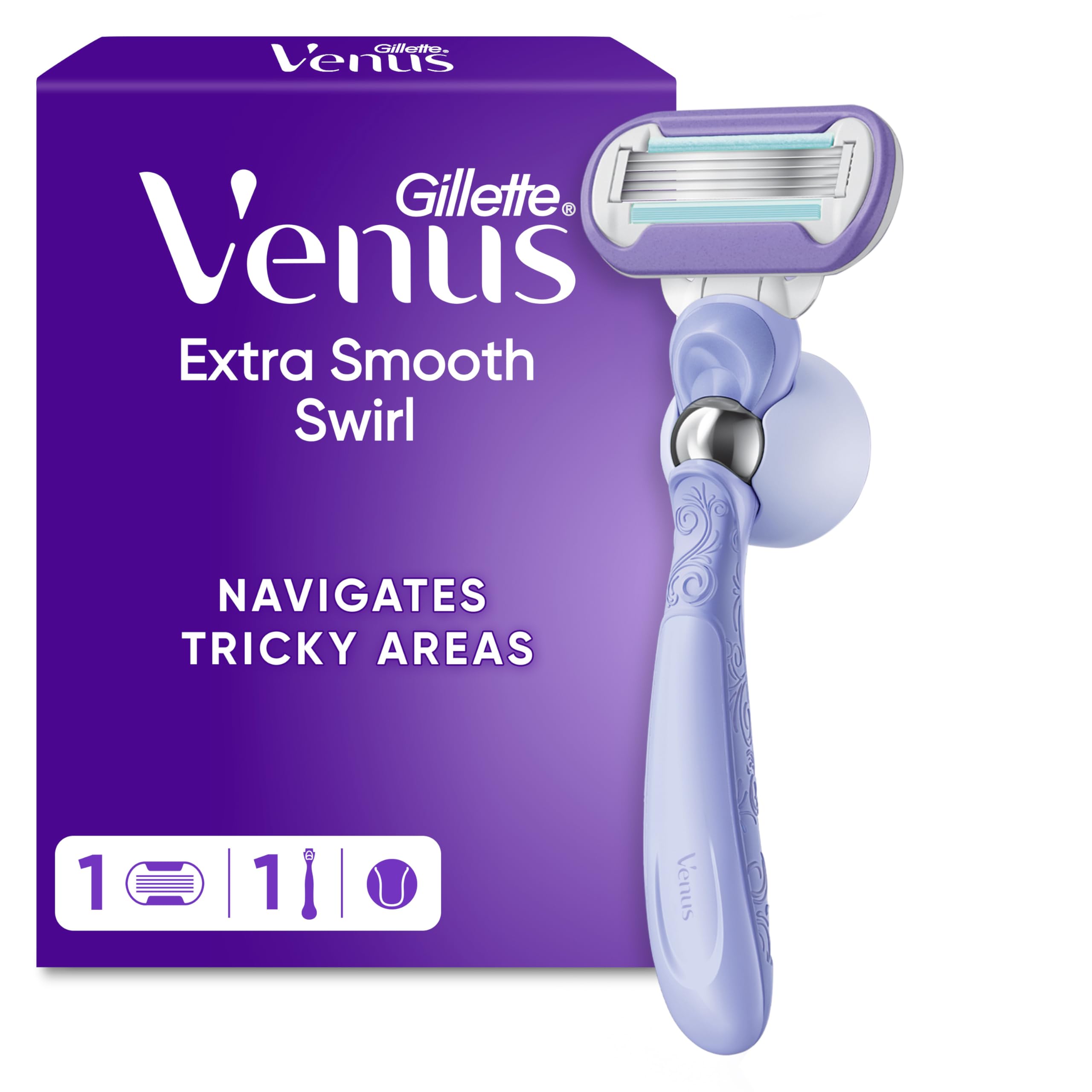 Gillette Venus Extra Smooth Swirl Women’s Razor, 1 Refill Razor Cartridges, Pivoting Reusable Handle and Shower Holder