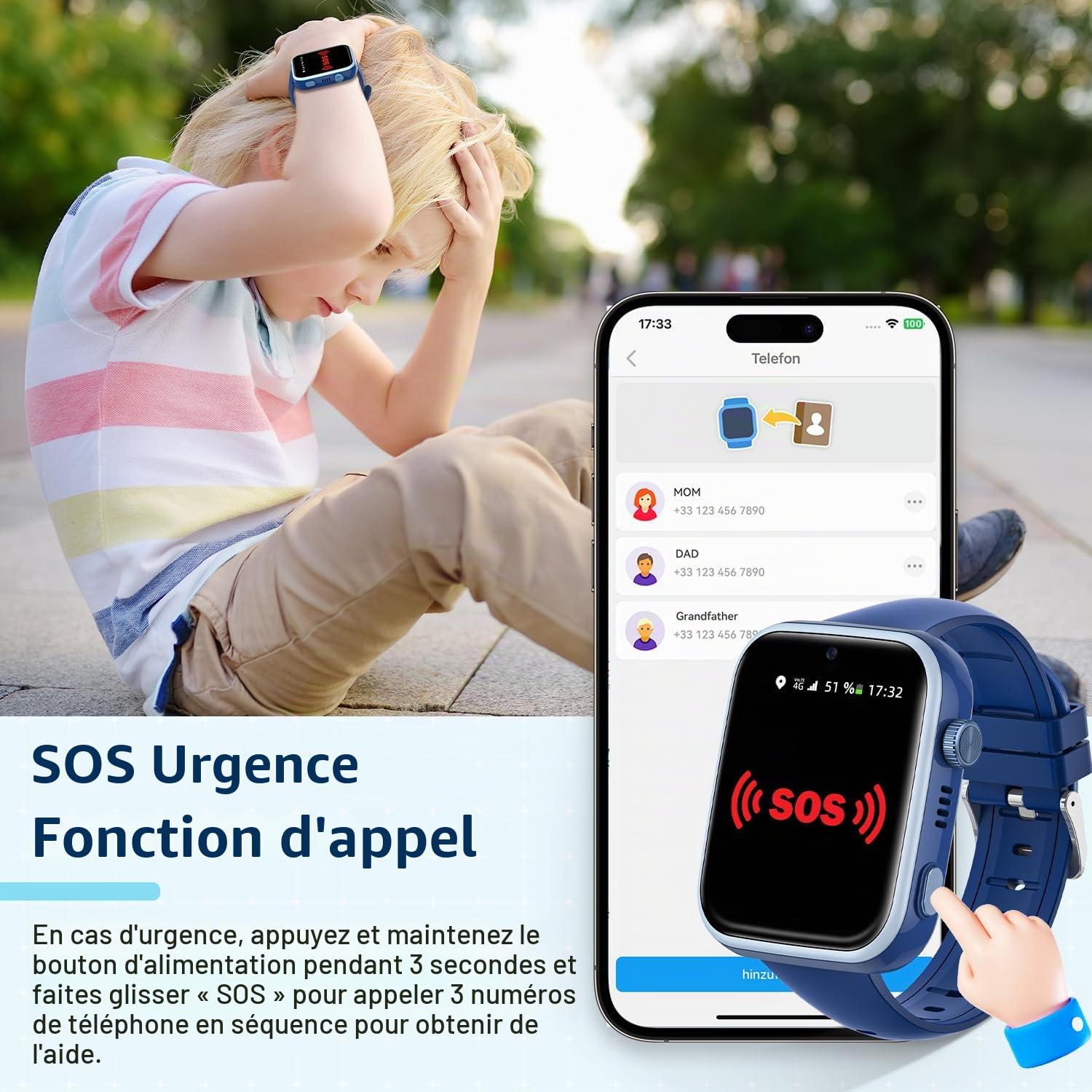 2026 Nouveau Montre Connectée Enfants 4G, Montre Telephone Enfant avec Appels, Appels Vidéo, Chat Vocal, Whatsapp, GPS, SOS, Mode École, Podomètre Réveil Smartwatch pour 4-14 Ans Bleu