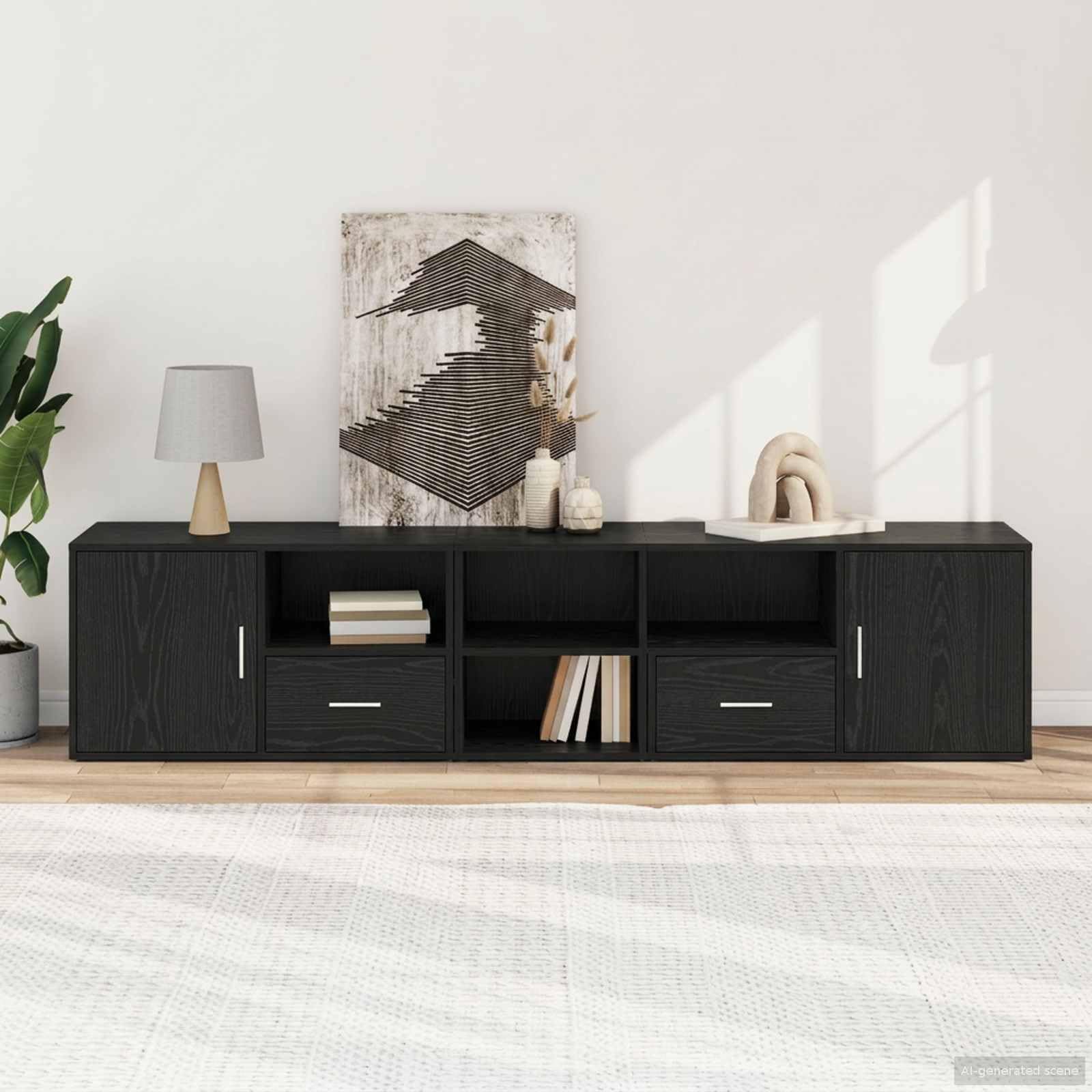 Mangloder - Armario esquinero de roble negro de madera de 200 x 40 x 45 cm con 2 cajones y 4 estantes, puerta reversible para salón, pasillo, oficina, ahorro de espacio