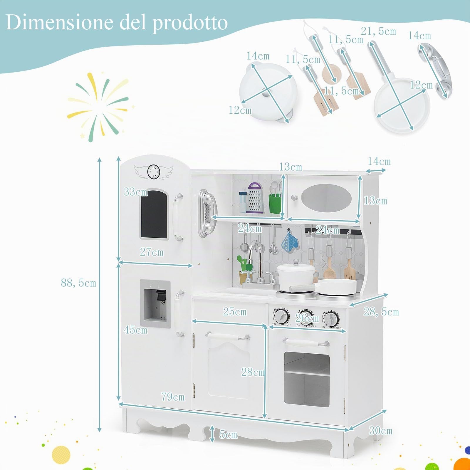 RELAX4LIFE Cucina Giocattolo in Legno per Bambini, Luci e Suoni Realistici, Gioco di Simulazione con Telefono, Frigorifero, Distributore d'Acqua per Bambini 3+Anni