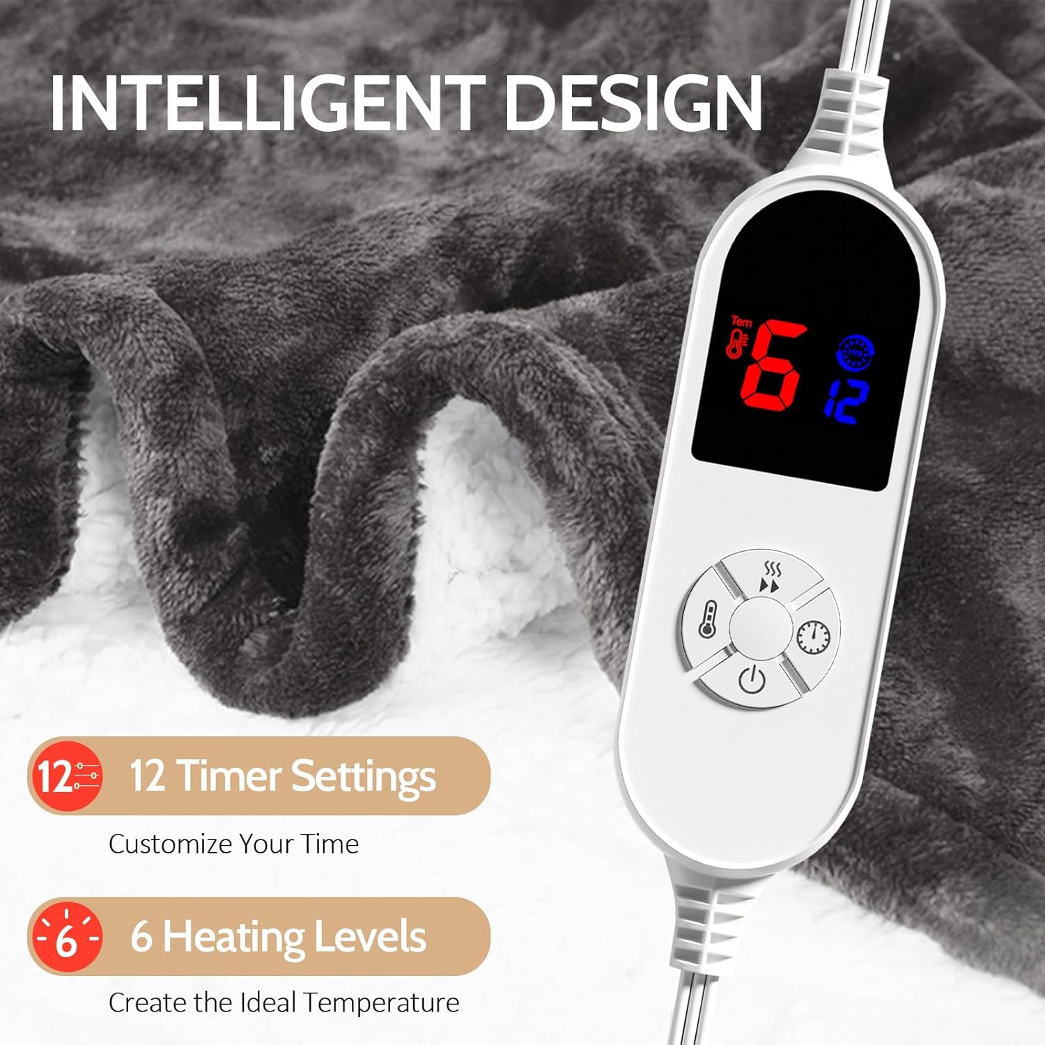 HOW'S MY HOUSE Heated Blanket Throw 50" x 60", Electric Blanket with 12 Time Settings & 6 Heating Levels, Over-Heat Protection, Flannel Sherpa Super Cozy with ETL Certification, Gray - Image 2